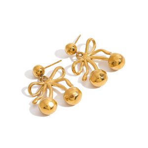 1 Par De Pendientes Colgantes Románticos De Cerezas, De Acero Inoxidable, Resistentes Al Agua Y Color Dorado Para Mujer. h5 Imagen6