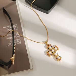 1 Piece Luxurious Series Exquisite Colorful Cross Shape Stainless Steel Waterproof Gold Color Women's Pendant Necklaces h5 Picture2