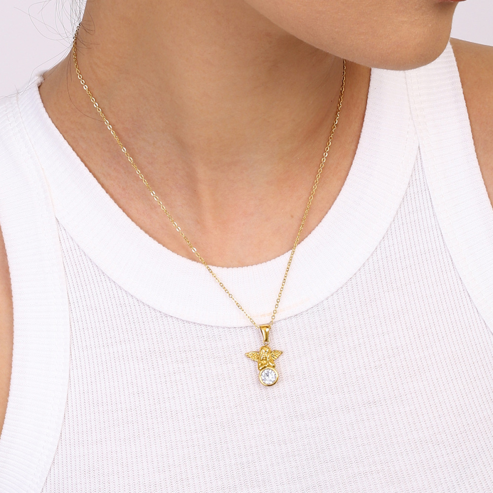 1 Piece Romantic Series Retro Angel Shape Stainless Steel Waterproof Gold Color Women's Pendant Necklaces Picture4
