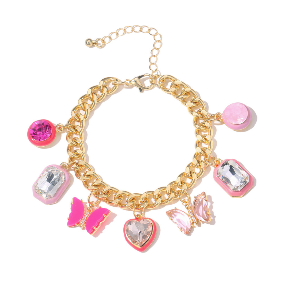 1 Piece Dazzling Style Chic Pink Heart & Butterfly Shape Gold Color Alloy Women's Charm Bracelets h5Picture3