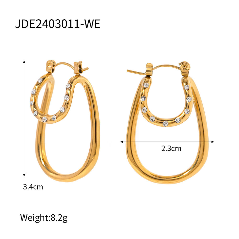 Grenzüberschreitende, neue Ohrringe im Gold-Edelstahl-Stil mit weißen Strasssteinen, doppellagig, bogenförmig, leichter Luxus, hochwertige Creolen h5Bild2