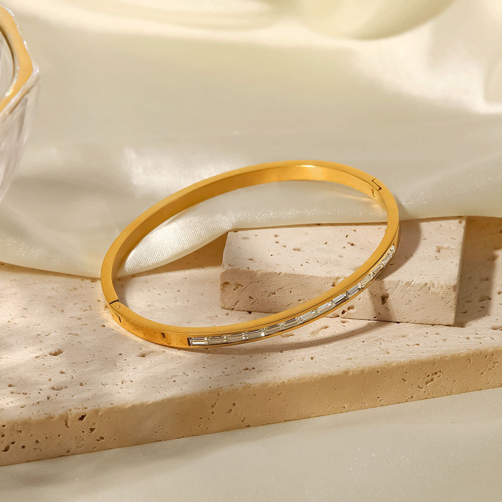1 Stuk Eenvoudige Stijl Retro Stijl Geometrische Roestvrij Staal Vergulde Inleg Zircon Dames Open Bangles h5Afbeelding5