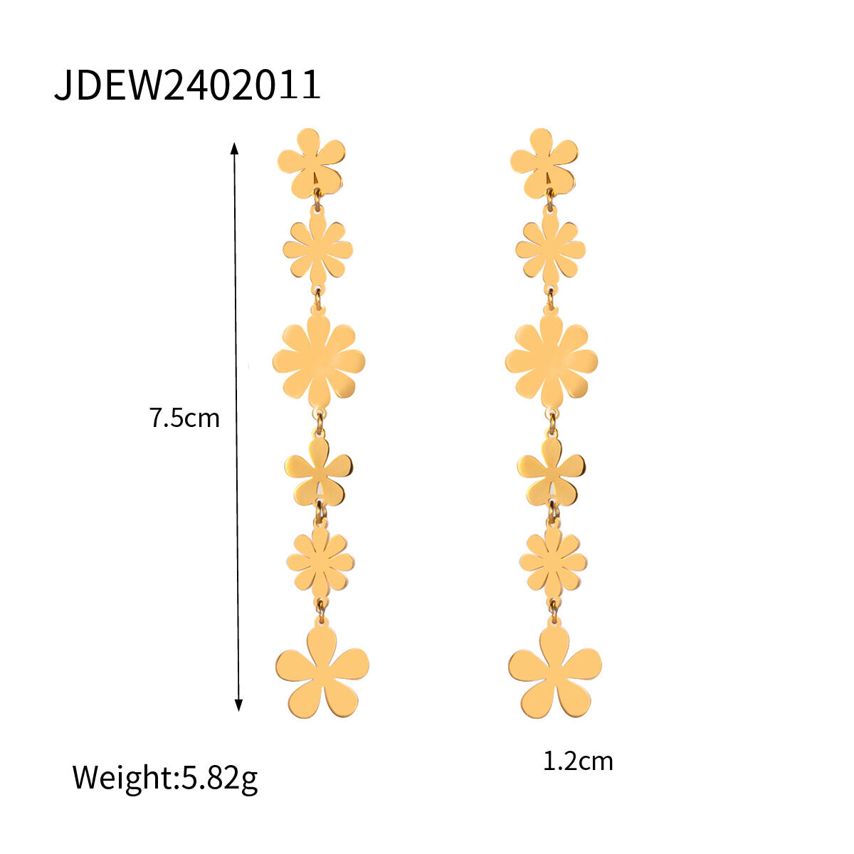 Boucles d'oreilles pendantes asymétriques en acier inoxydable doré, ornées de petites marguerites et d'un pompon élégant. h5 