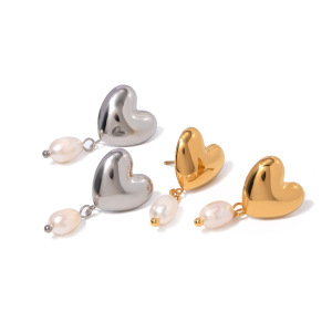  Style  Gold Stainless Steel Glossy Heart-Shaped Design Freshwater Pearl Earrings Trendy Personality Ear Jewelry  h5 Picture4