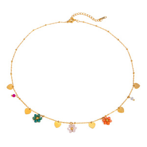  Cross-Border  Style  Gold Stainless Steel Colored Glass Beads Flower Shape Plus Love Pendant Round Bead Chain Jewelry h5 Picture5