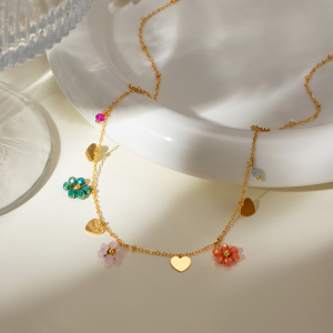  Cross-Border  Style  Gold Stainless Steel Colored Glass Beads Flower Shape Plus Love Pendant Round Bead Chain Jewelry h5 Picture3