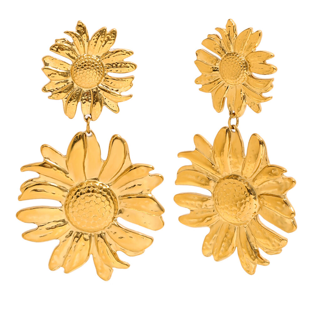 Boucles d'oreilles pendantes pour femme, en acier inoxydable doré, ornées de fleurs naturelles (1 paire), collection Luxe. h5 