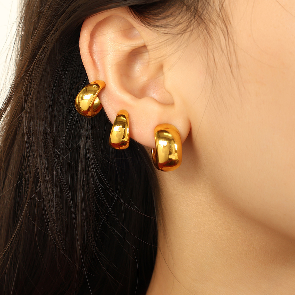 1 Pair Minimalist Series Classic Solid Color Round Stainless Steel Waterproof Gold Color Women's Ear Cuffs h5Picture4