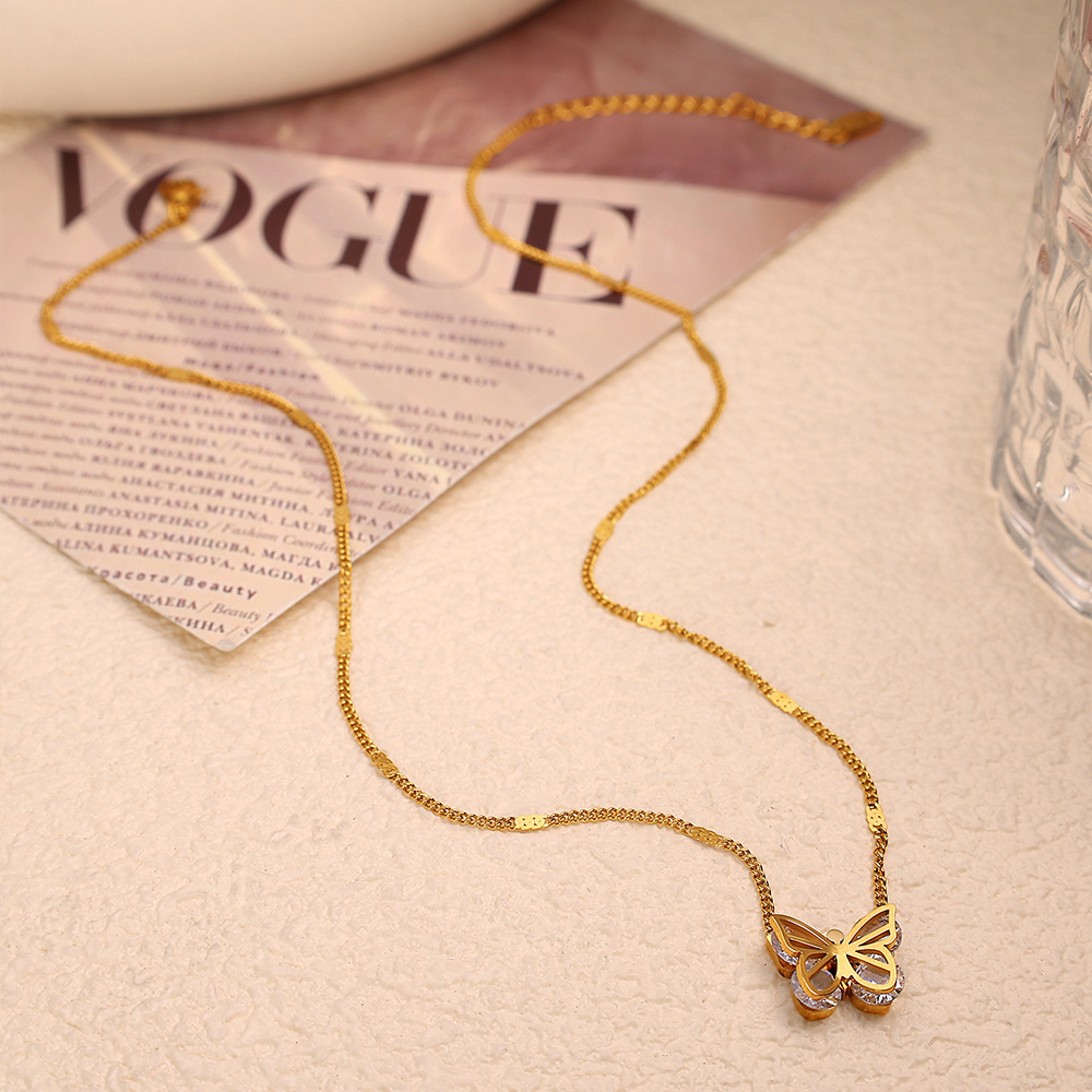 1 Piece Romantic Series Gorgeous Butterfly Shape Stainless Steel Waterproof Gold Color Lightweight Women's Pendant Necklaces Picture5