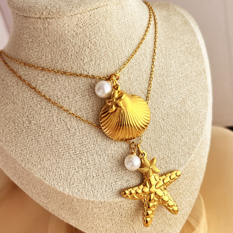 Collana con ciondolo da donna color oro impermeabile in acciaio inossidabile, 1 pezzo, serie Vacation Starfish vivida per spiagge Immagine2