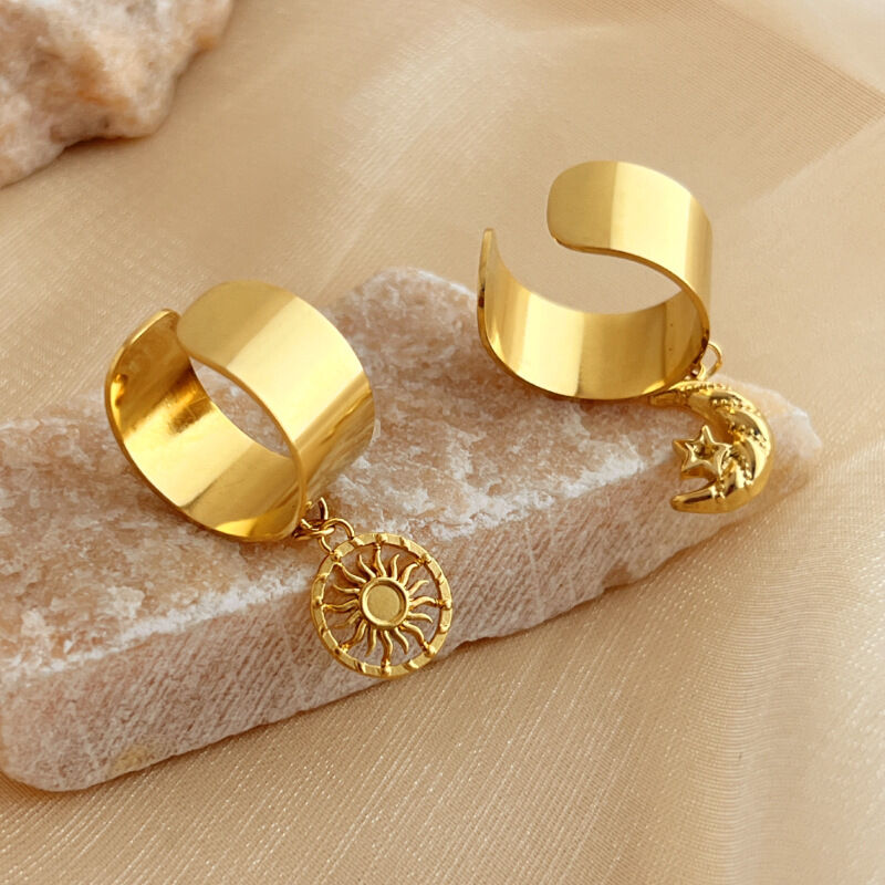 Anelli da donna regolabili in acciaio inossidabile, stile retrò, con sole, pendenti, classici, impermeabili, color oro, 1 pezzo Immagine2