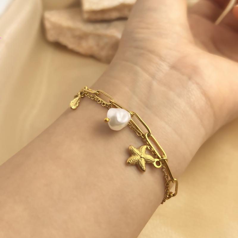 1 Piece Vacation Series Double-Layer Exquisite Seashell Stainless Steel Waterproof Gold Color Women's Charm Bracelets Picture3