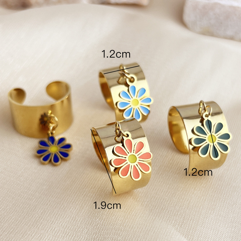 1 Piece Romantic Series Colorful Natural Daisy Dangle Stainless Steel Waterproof Gold Color Women's Adjustable Rings Picture3