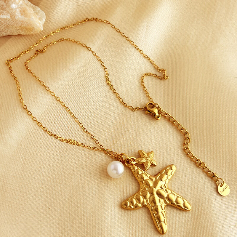 Collana con ciondolo da donna color oro impermeabile in acciaio inossidabile, 1 pezzo, serie Vacation Starfish vivida per spiagge 