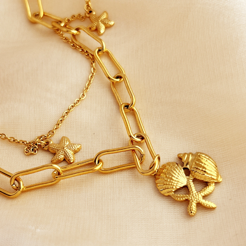 1 Piece Vacation Series Double-Layer Exquisite Seashell Stainless Steel Waterproof Gold Color Women's Layered Necklaces Picture3