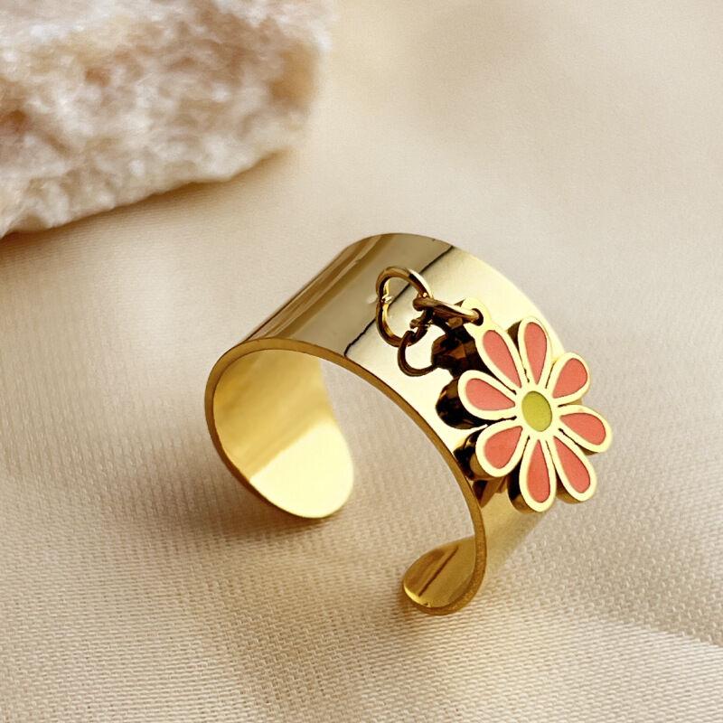 1 Stück Romantische Serie Bunte Natürliche Gänseblümchen-Anhänger Edelstahl Wasserdicht Goldfarben Damen Verstellbarer Ring 