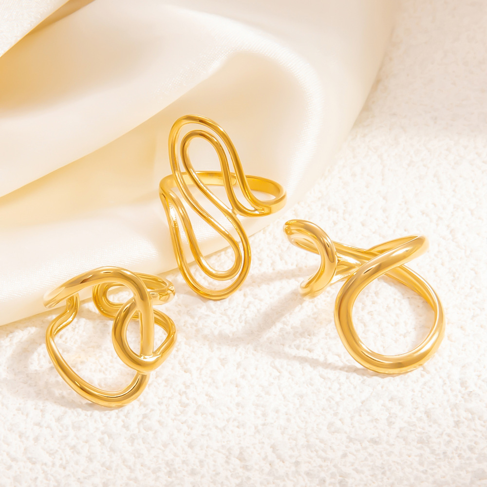 1 Stück Modern Series Klassischer Asymmetrischer Twist Edelstahl Wasserdicht Goldfarbener Damenring Verstellbar Bild4