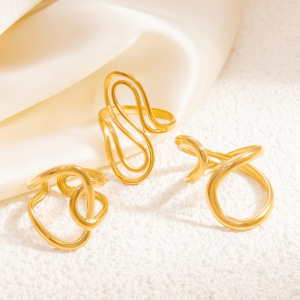 1 Stück Modern Series Klassischer Asymmetrischer Twist Edelstahl Wasserdicht Goldfarbener Damenring Verstellbar h5 Bild4