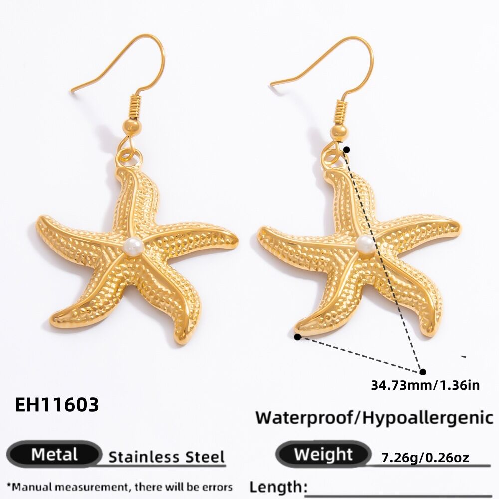 1 Pair Romantic Series Vacation Starfish Exaggerated Stainless Steel Waterproof Gold Color Women's Drop Earrings