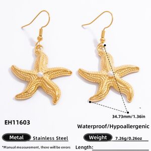 1 Pair Romantic Series Vacation Starfish Exaggerated Stainless Steel Waterproof Gold Color Women's Drop Earrings h5