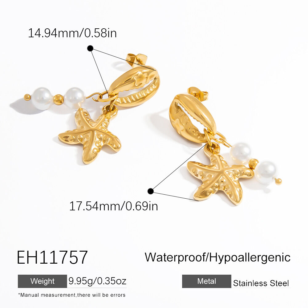 Boucles d'oreilles pendantes pour femme, motif coquillage, collection Marine Series, en acier inoxydable étanche couleur or (1 paire).
