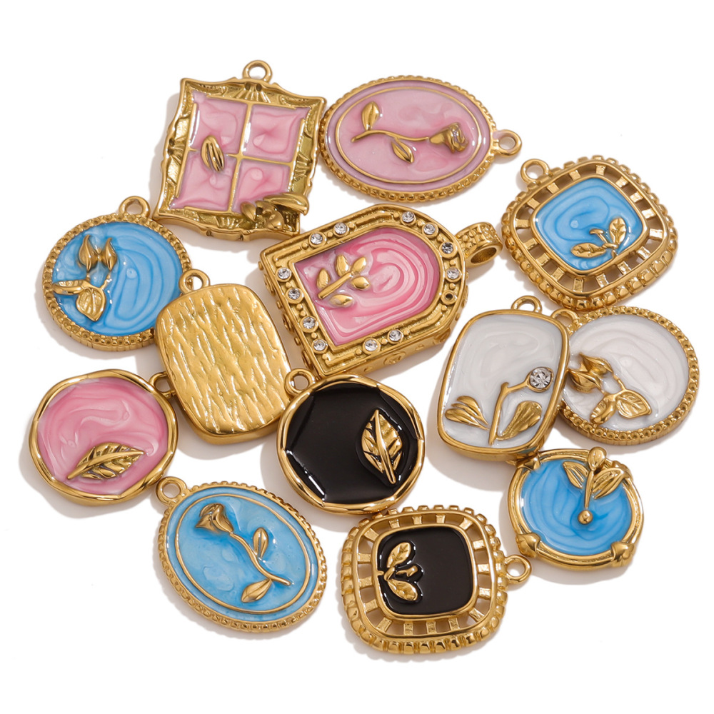 1 Piece Exquisite Series Retro Flower Oil- Glazing Stainless Steel Waterproof Gold Color Women's Pendants h5Picture5