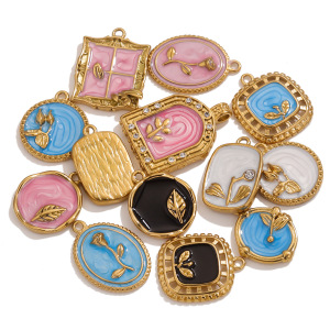 1 Piece Exquisite Series Retro Flower Oil- Glazing Stainless Steel Waterproof Gold Color Women's Pendants h5 Picture5