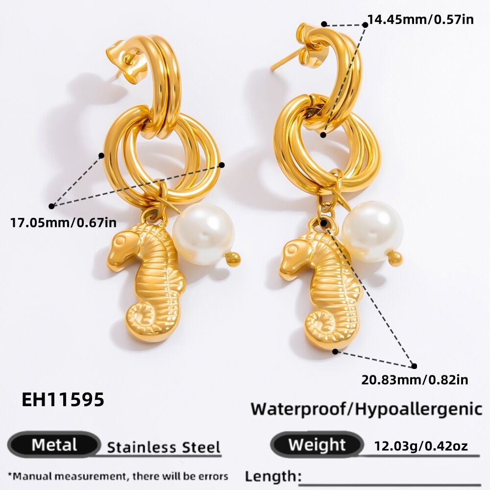 Boucles d'oreilles pendantes pour femme, en acier inoxydable doré, imperméables, en forme d'hippocampe, collection de luxe (1 paire). 