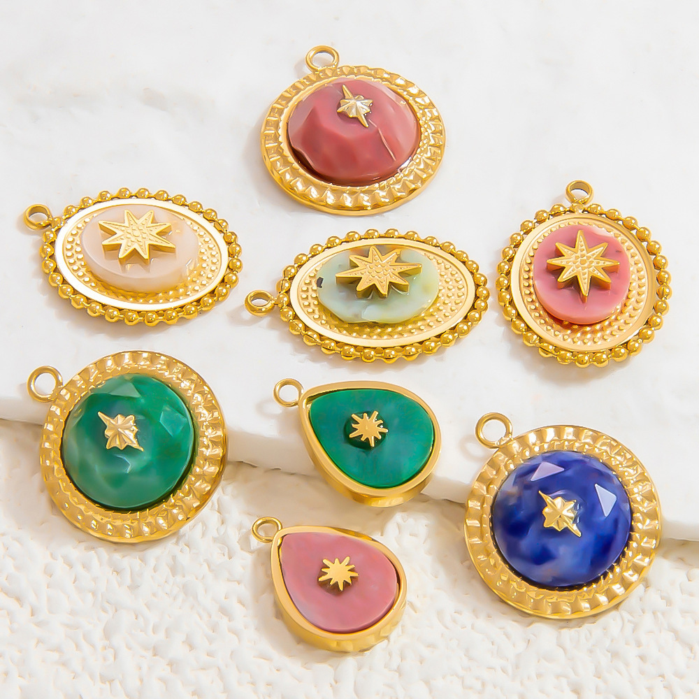 1 Piece Bohemian Series Retro Star Chromatic Natural Stone Stainless Steel Waterproof Gold Color Women's Pendants h5Picture3
