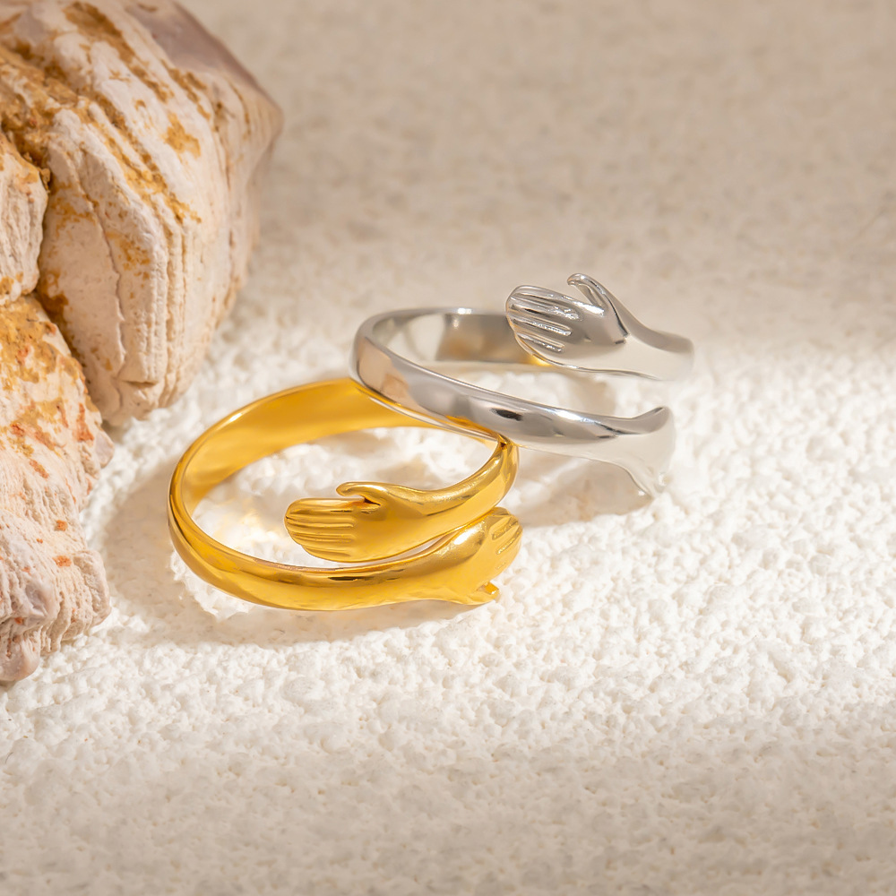 1 Stück Romantische Serie Edgy Hug Figur Edelstahl Wasserdicht Goldfarben Damen Verstellbarer Ring Bild5