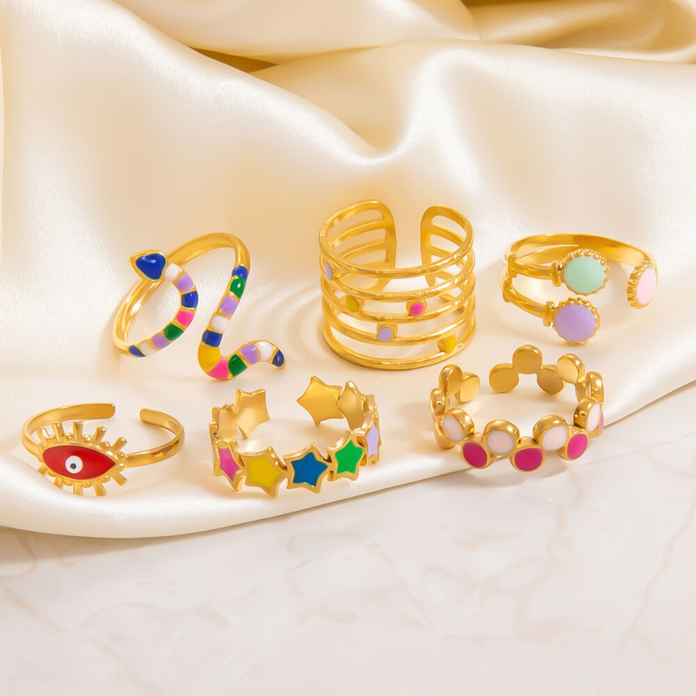 Anillo ajustable para mujer, de acero inoxidable, resistente al agua, color dorado, con forma irregular cromática y esmaltado al aceite, de serie encantadora, 1 unidad. h5 Imagen2