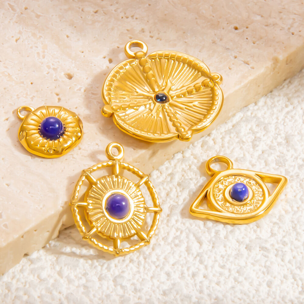 1 Piece Novelty Series Retro Eye Blue Nature Stone Stainless Steel Waterproof Gold Color Women's Pendants h5 Picture2