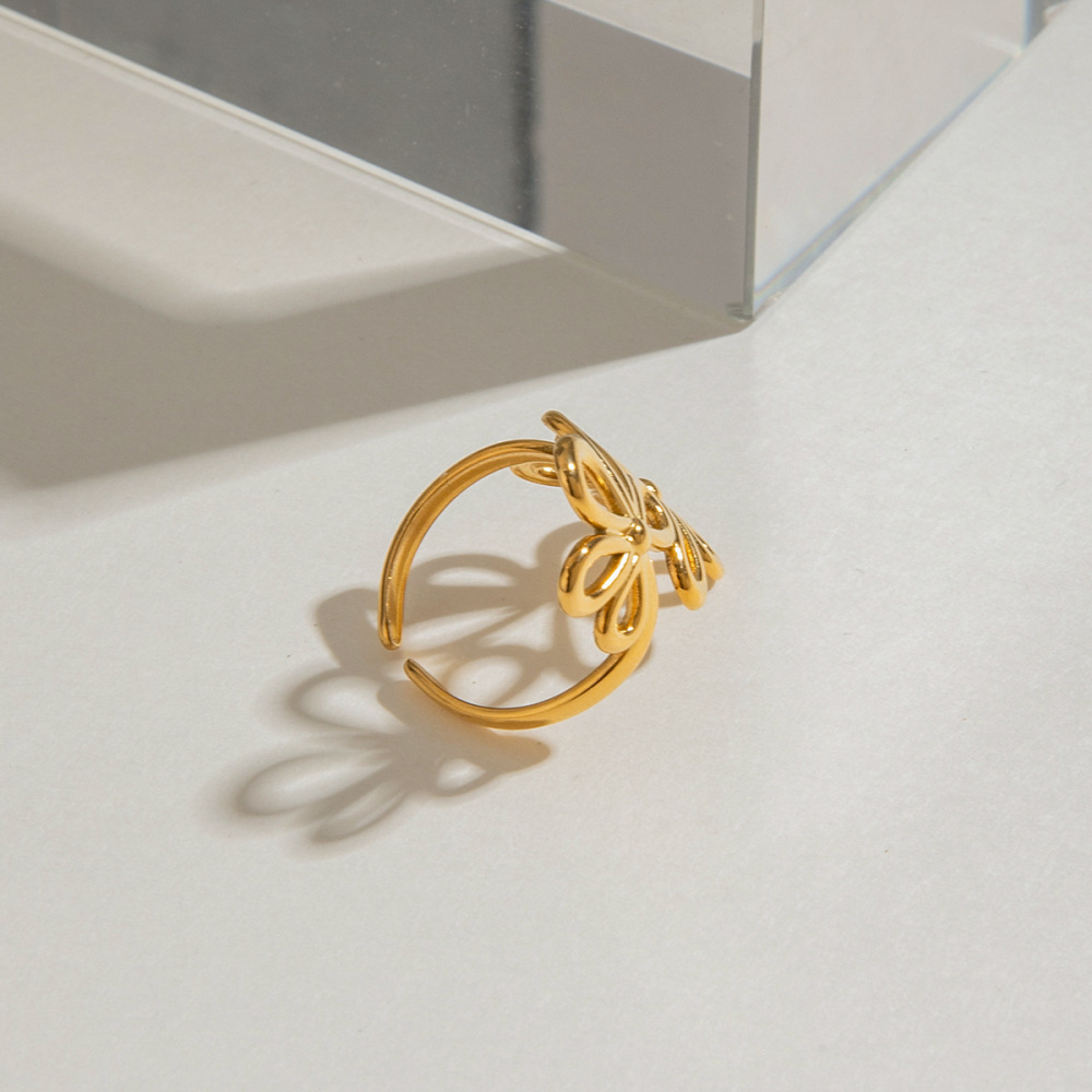 1 Stuk Romantische Serie Elegante Dubbele Bloemen Roestvrij Staal Waterdicht Goudkleurig Verstelbare Ring Voor Dames Afbeelding3