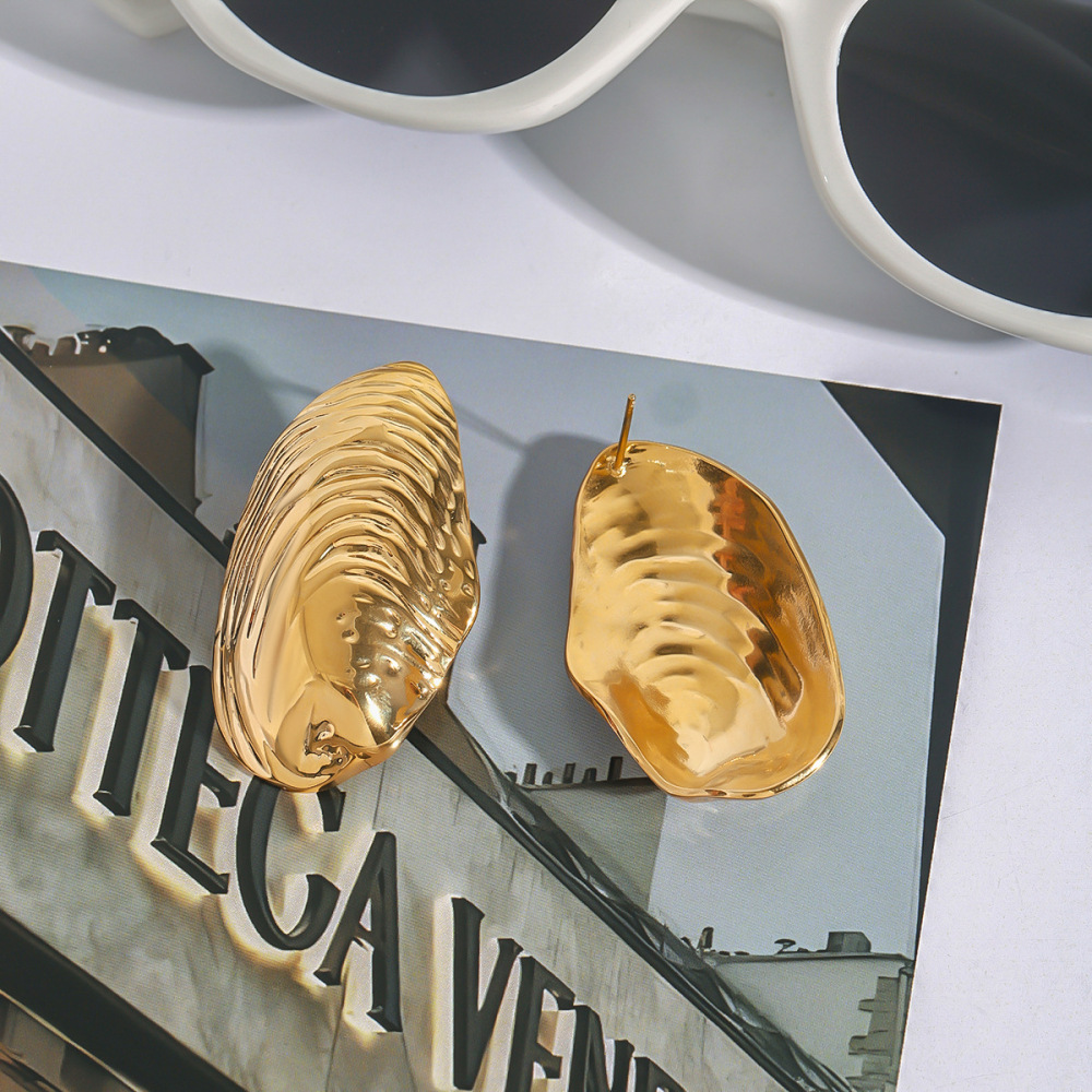 1 Paio Di Orecchini A Bottone Da Donna In Acciaio Inossidabile Color Oro A Forma Di Conchiglia Naturale, Serie Classica h5Immagine5