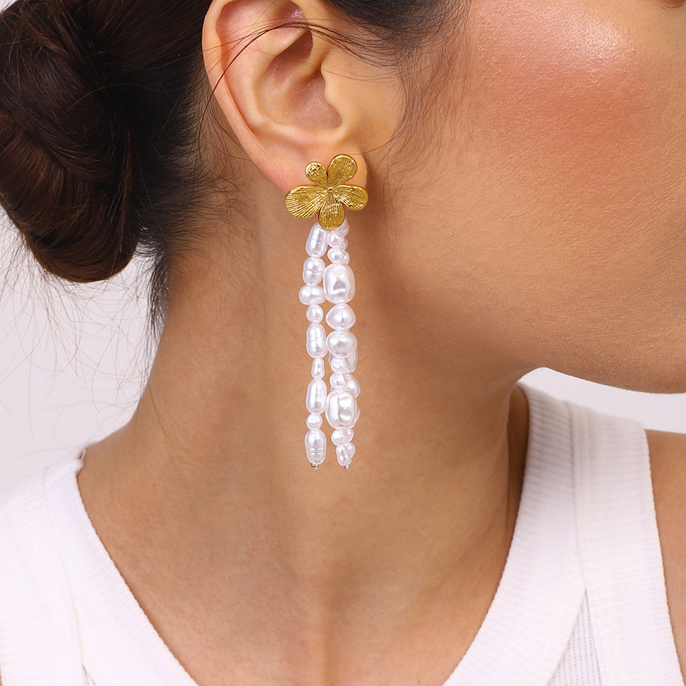 1 Paar Elegante Oorbellen Met Bloemkwastjes Uit De Classic Series, Gemaakt Van Roestvrij Staal, Waterdicht En Goudkleurig, Voor Dames. Afbeelding6