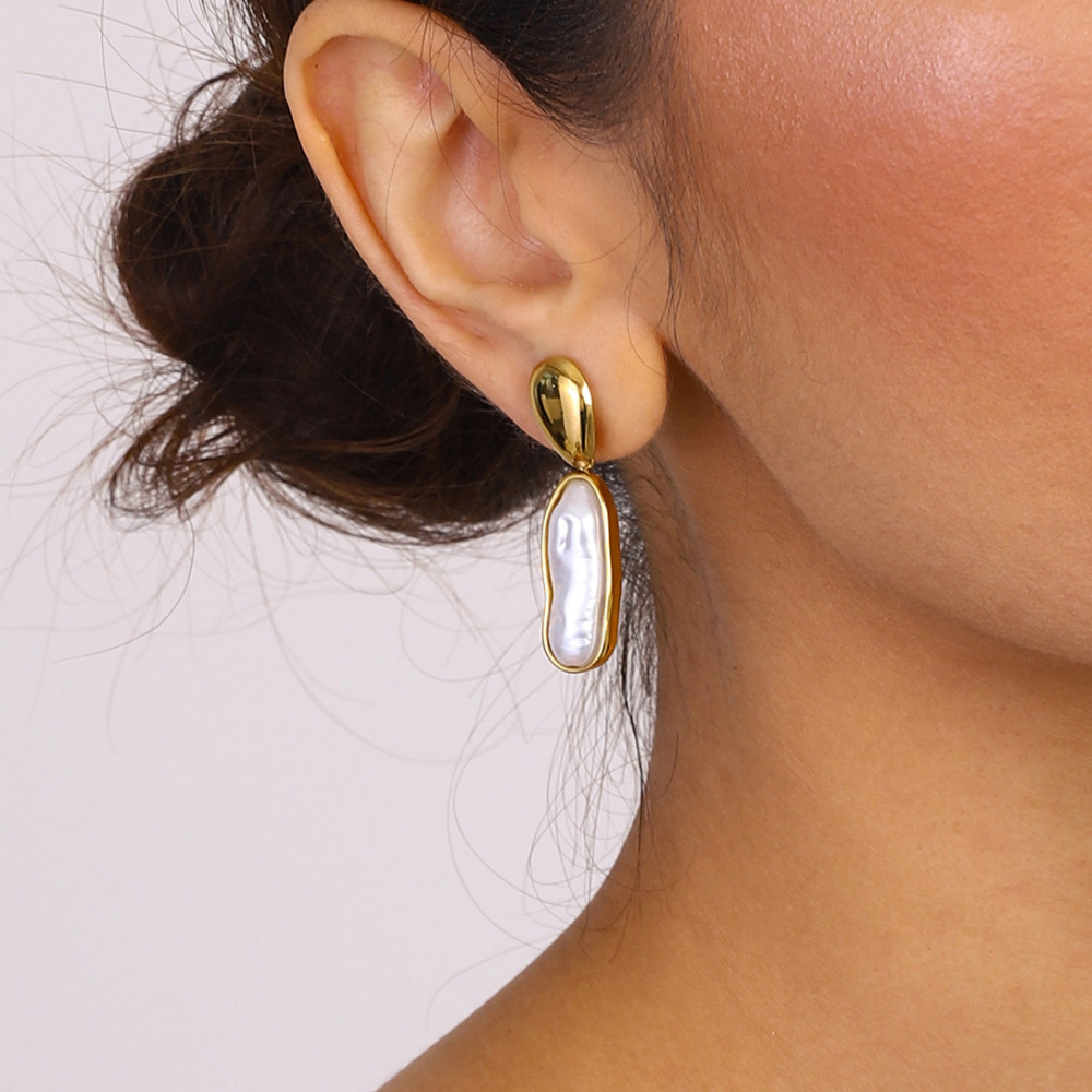 1 Par De Pendientes Colgantes De Acero Inoxidable Con Forma Ovalada Irregular, Serie Clásica, Color Dorado, Resistentes Al Agua, Para Mujer h5Imagen3