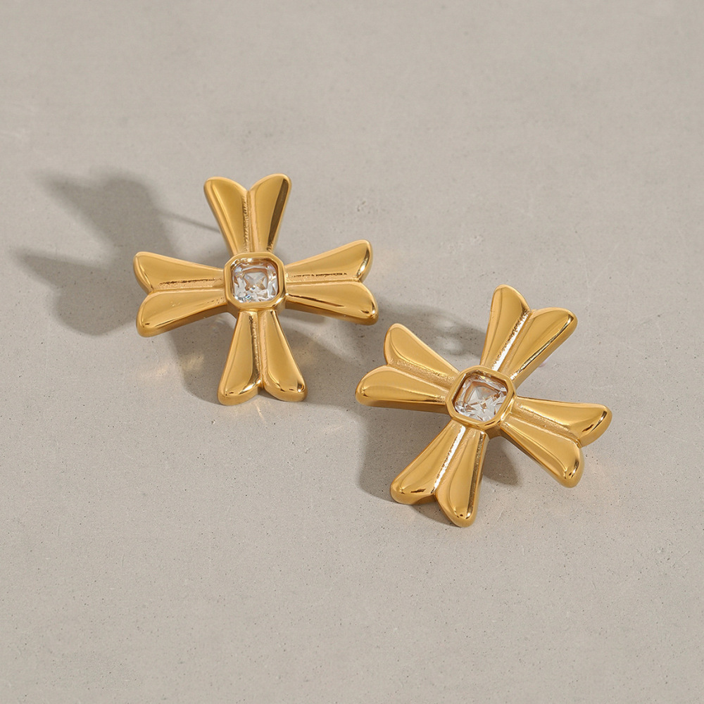 1 Pair Classic Series Exquisite Cross Shape Stainless Steel Waterproof Gold Color Women's Stud Earrings h5Picture5