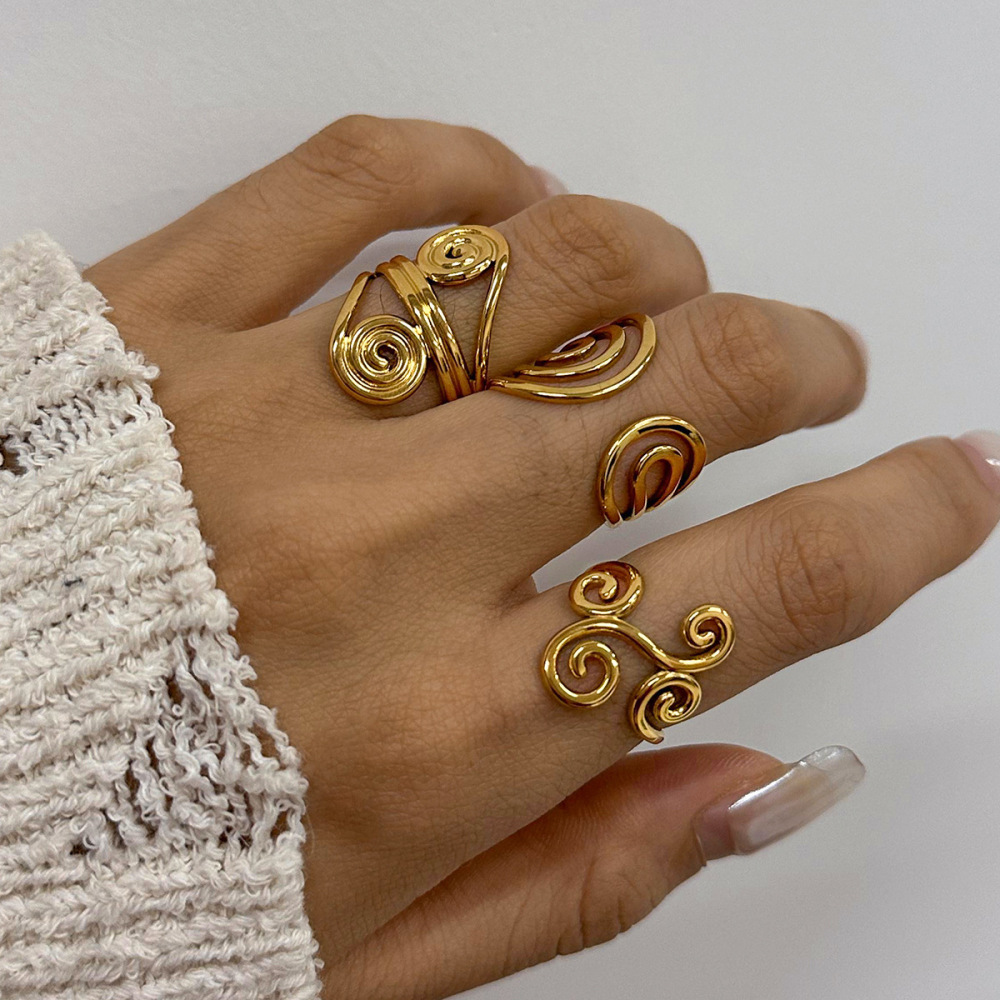 1 Piece Modern Series Spiral Line Stainless Steel Waterproof Gold Color Women's Adjustable Rings h5Picture5