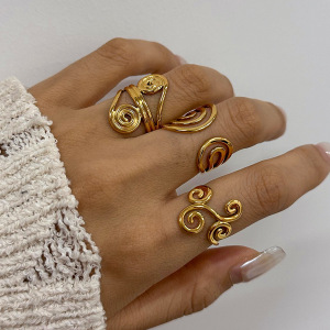 1 Piece Modern Series Spiral Line Stainless Steel Waterproof Gold Color Women's Adjustable Rings h5 Picture5
