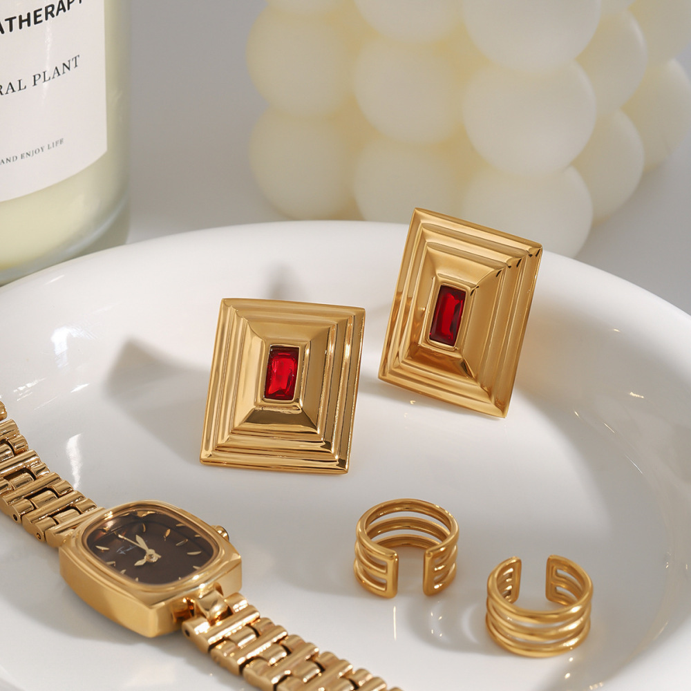 1 Paio Di Orecchini A Bottone Da Donna In Acciaio Inossidabile Color Oro, Impermeabili, Di Forma Quadrilatera Retrò, Di Lusso h5Immagine8