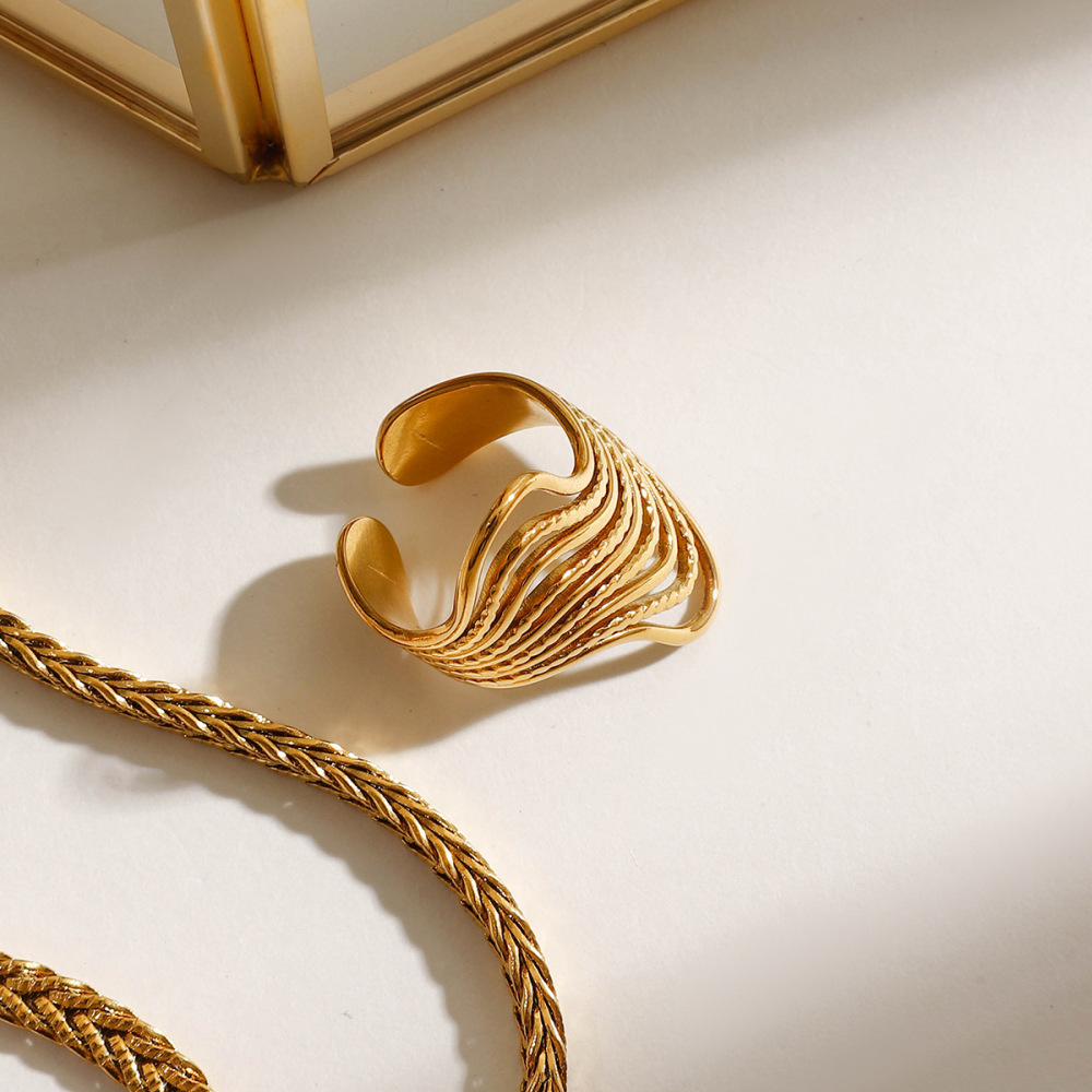 1 Stück Minimalist Series Chic Line Edelstahl Wasserdicht Goldfarbene Damenringe Verstellbar Bild3