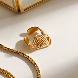 1 Stück Minimalist Series Chic Line Edelstahl Wasserdicht Goldfarbene Damenringe Verstellbar h5 Bild3
