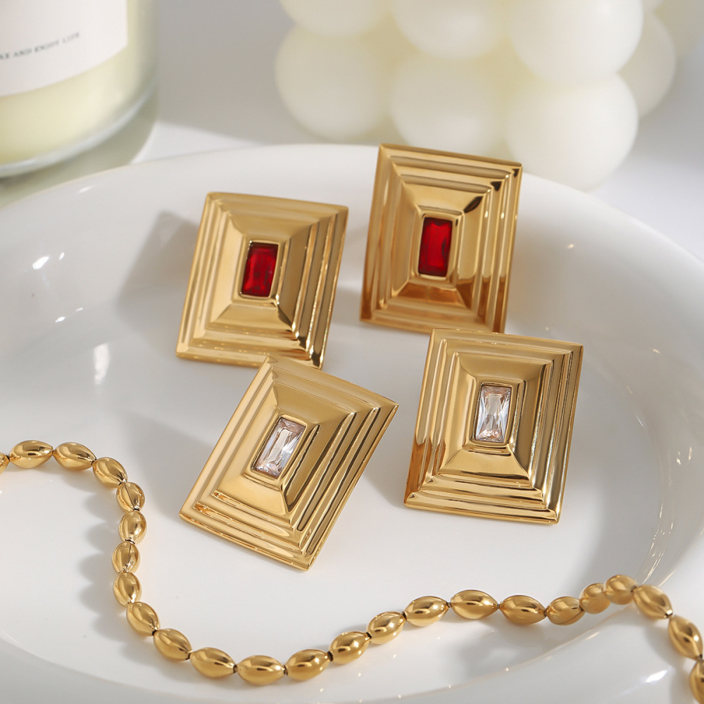 1 Paio Di Orecchini A Bottone Da Donna In Acciaio Inossidabile Color Oro, Impermeabili, Di Forma Quadrilatera Retrò, Di Lusso h5Immagine5
