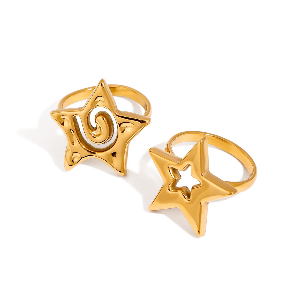 1 Stuk Designeerbare Retro Pentagramvormige Opengewerkte Ring Van Roestvrij Staal, Waterdicht, Goudkleurig, Voor Dames Afbeelding5