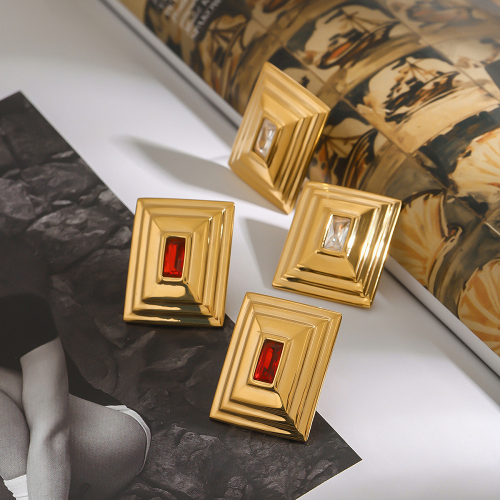 1 Paio Di Orecchini A Bottone Da Donna In Acciaio Inossidabile Color Oro, Impermeabili, Di Forma Quadrilatera Retrò, Di Lusso h5Immagine3