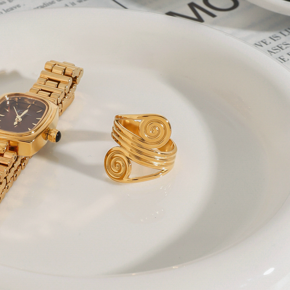1 Piece Modern Series Spiral Line Stainless Steel Waterproof Gold Color Women's Adjustable Rings h5Picture4