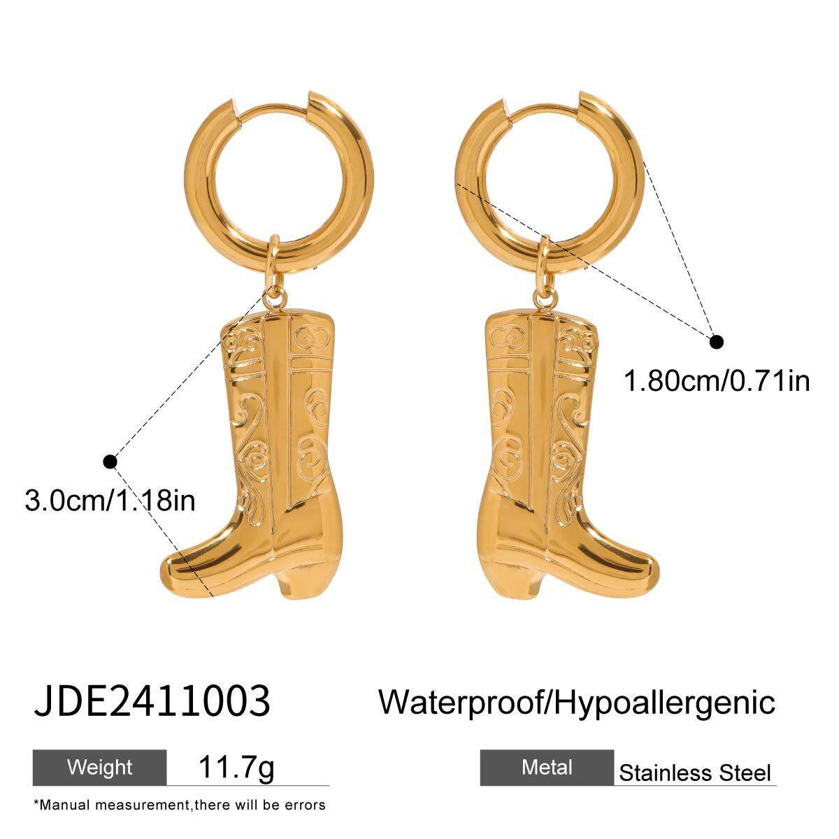 1 paire de bottes élégantes et chics, couleur unie, en acier inoxydable imperméable, couleur or, boucles d'oreilles pendantes pour femmes 