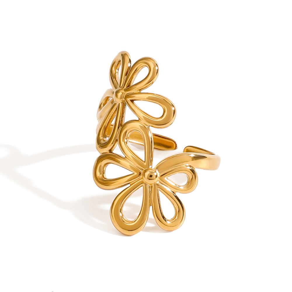 1 Stuk Romantische Serie Elegante Dubbele Bloemen Roestvrij Staal Waterdicht Goudkleurig Verstelbare Ring Voor Dames Afbeelding6