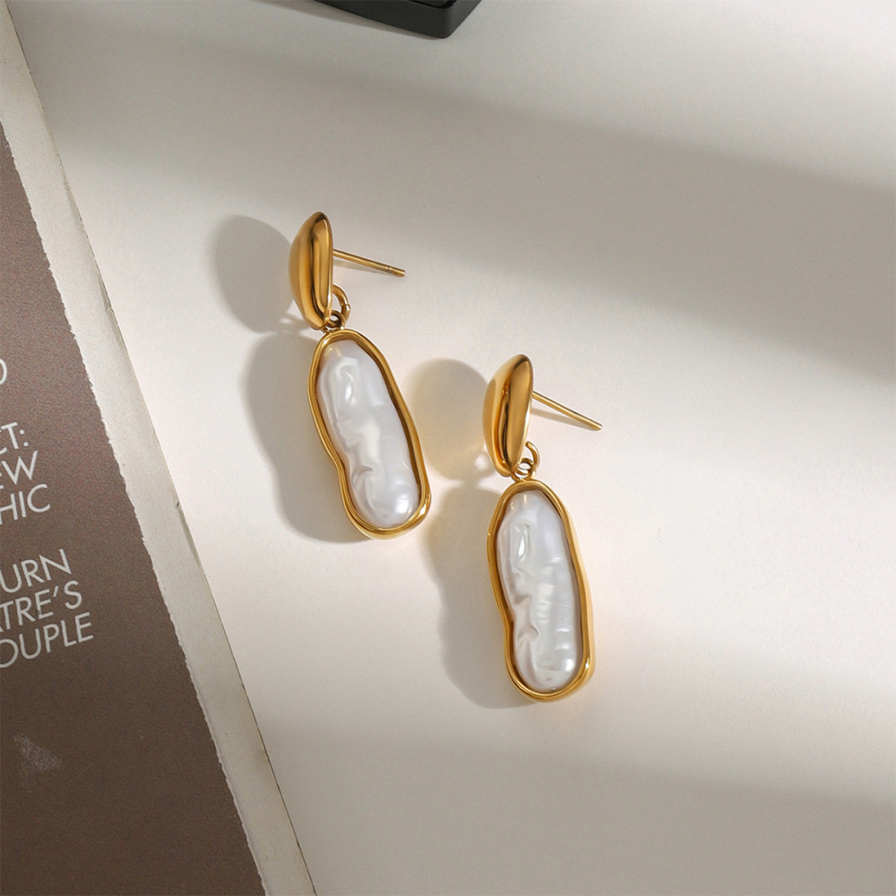 1 Par De Pendientes Colgantes De Acero Inoxidable Con Forma Ovalada Irregular, Serie Clásica, Color Dorado, Resistentes Al Agua, Para Mujer h5Imagen4