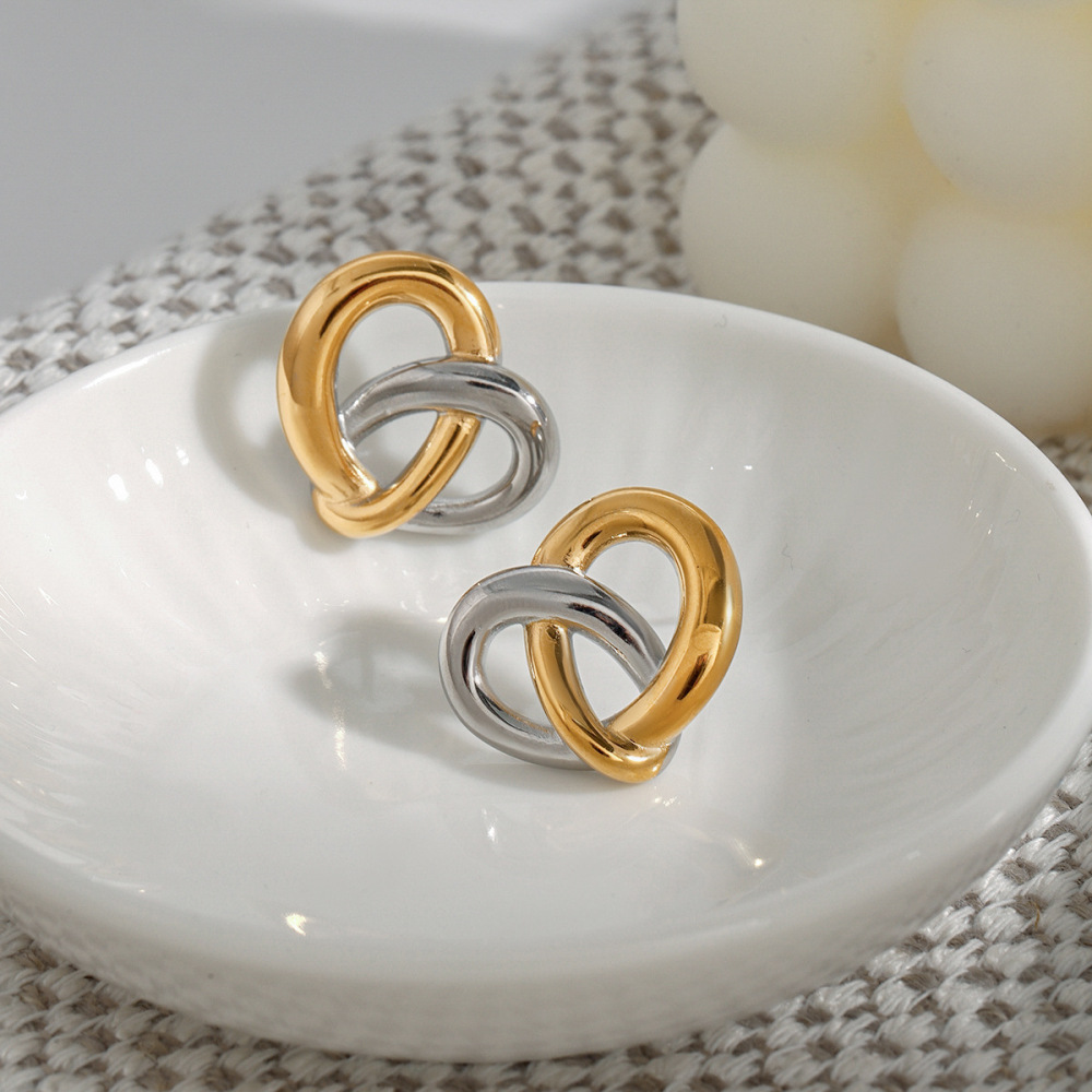 1 Paio Di Orecchini A Bottone Da Donna In Acciaio Inossidabile Color Oro, A Forma Di Nodo A Cuore, Serie Fascinating Daily h5Immagine3